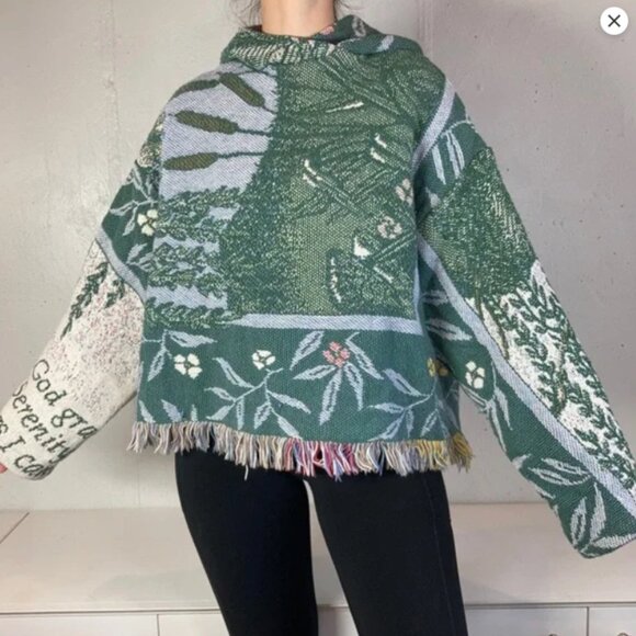 Vintage Rework Green Fringe Cropped Tapestry Blanket Hoodie - Picture 5 of 9